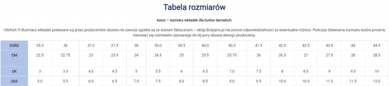 Rozmiarówka butów ASICS – tabela rozmiarów