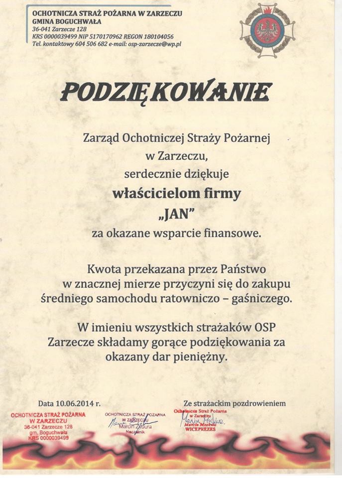 Butyjana wspiera Ochotniczą Straż Pożarną w Zarzeczu.