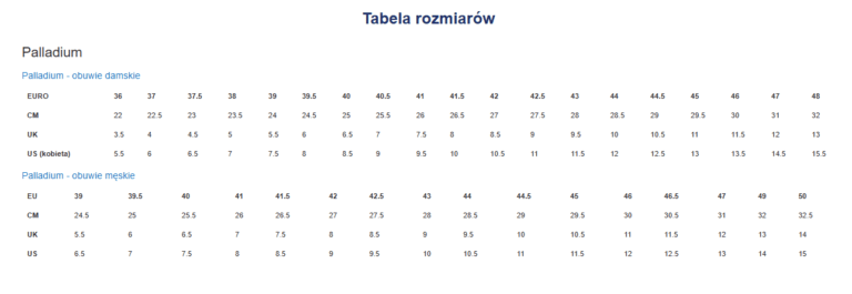 Rozmiarówka butów Palladium – tabela rozmiarów