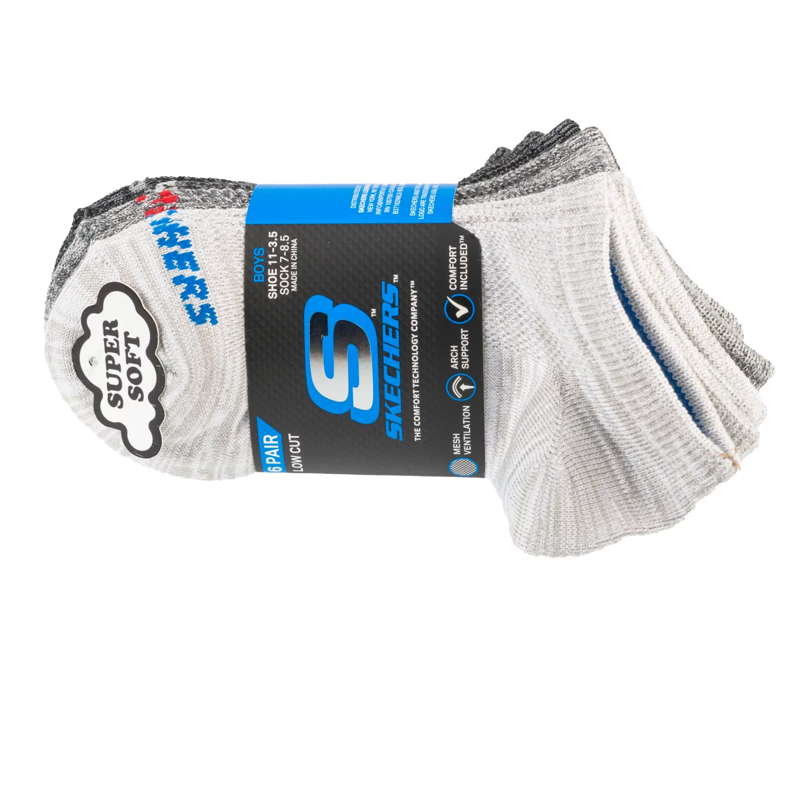 Skechers 6pk Boys No Terry Socks S112222-GRY, Unisex, Szare, skarpetki, poliester, rozmiar: 31-34