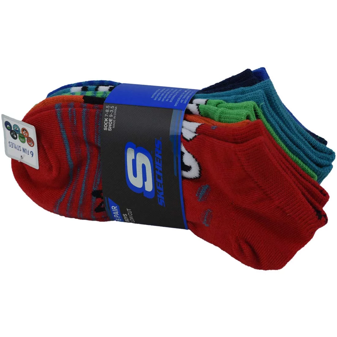 Skechers 6pk Boys Non Terry Low Cut Socks S115172-RDMT, Dla chłopca, Wielokolorowe, skarpetki, poliester, rozmiar: 31-34