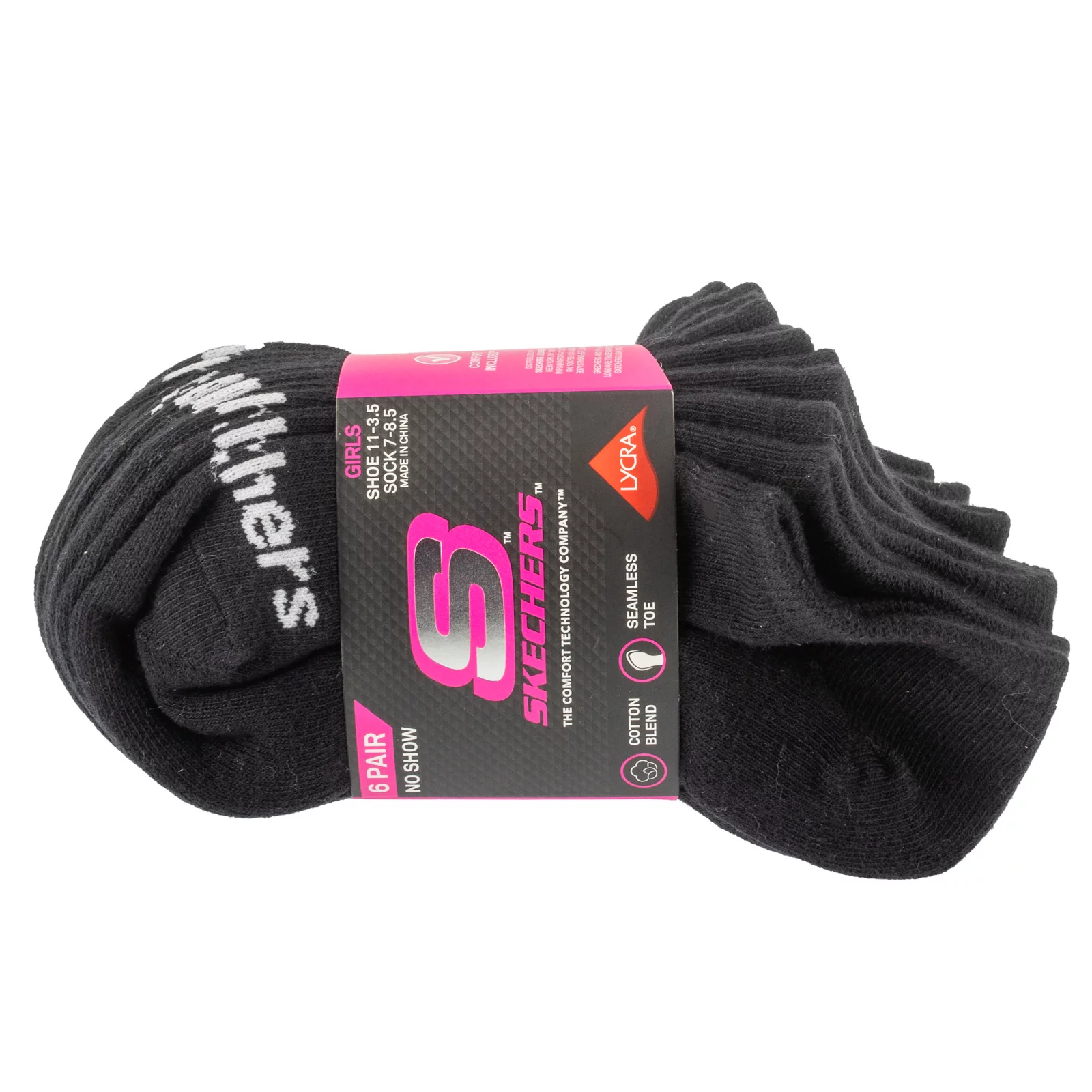 Skechers 6pk Girls Cotton Ns Socks S117880-BLK, Dla dziewczynki, Czarne, skarpetki, nylon, rozmiar: 27,5-35,5