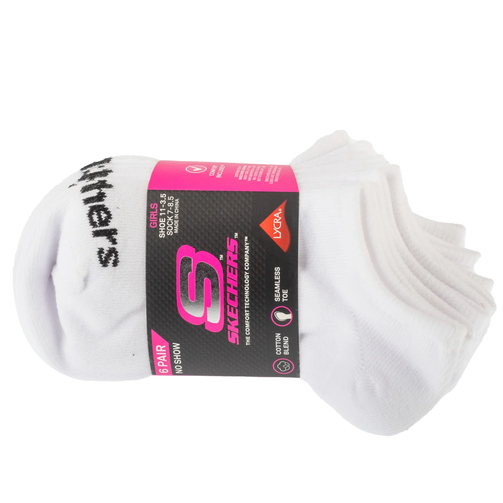 Skechers 6pk Girls Cotton Ns Socks S117880-WHT, Dla dziewczynki, Białe, skarpetki, nylon, rozmiar: 27,5-35,5